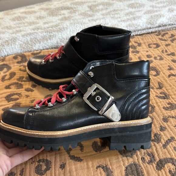 Marc Fisher Indre Leather Platform Lug Sole Hiker Boots Booties Black 6.5 Buckle - Picture 4 of 7